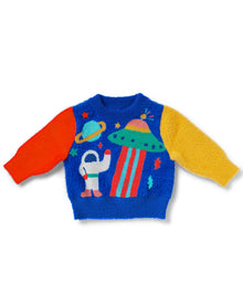  Colorful children's sweater with space-themed design on a white background