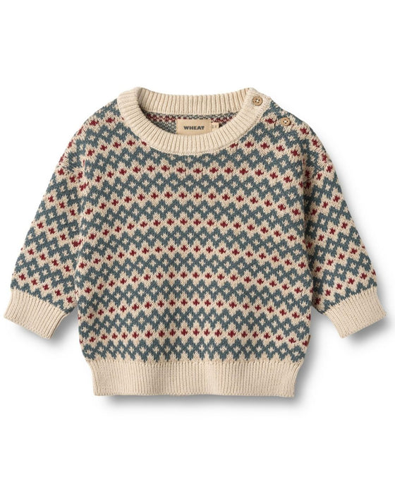 Jacquard Harlow Knitted Green/Red Jumper - Wheat