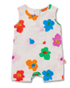 Colorful children's romper with floral patterns on a white background