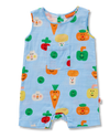 Children's sleeveless romper with vegetable pattern on a light blue background
