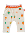 Beige baby pants with colorful vegetable patterns on a white background