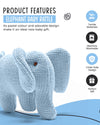Knitted elephant baby rattle with product features on a white background