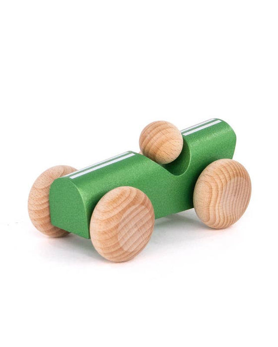 Green wooden toy car with brown wheels on a white background