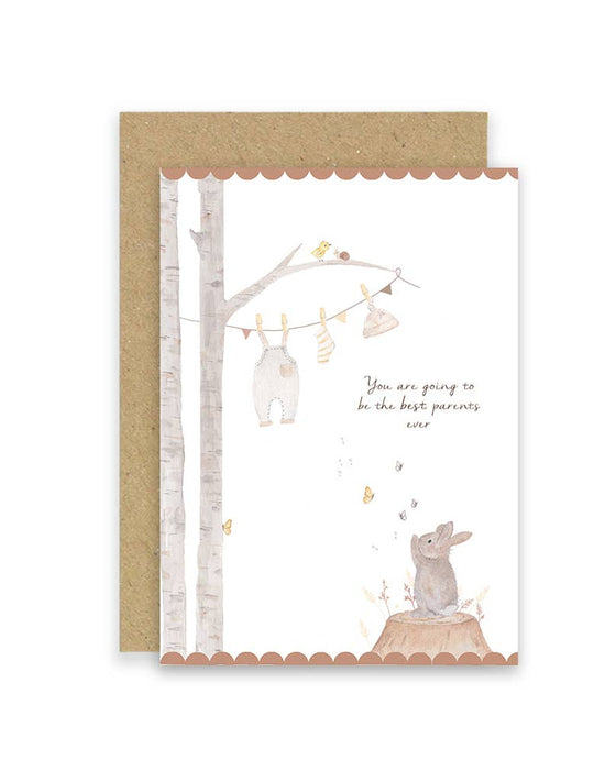 Greeting card with animal illustrations and text on a white background