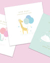 Three baby shower cards with animals and balloons on a pink background