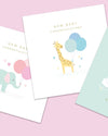 Three baby shower cards with animals and balloons on a pink background
