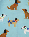 Pattern of dogs with colorful collars on a blue background