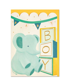  Baby shower card with a green elephant and 'BOY' blocks on a yellow background