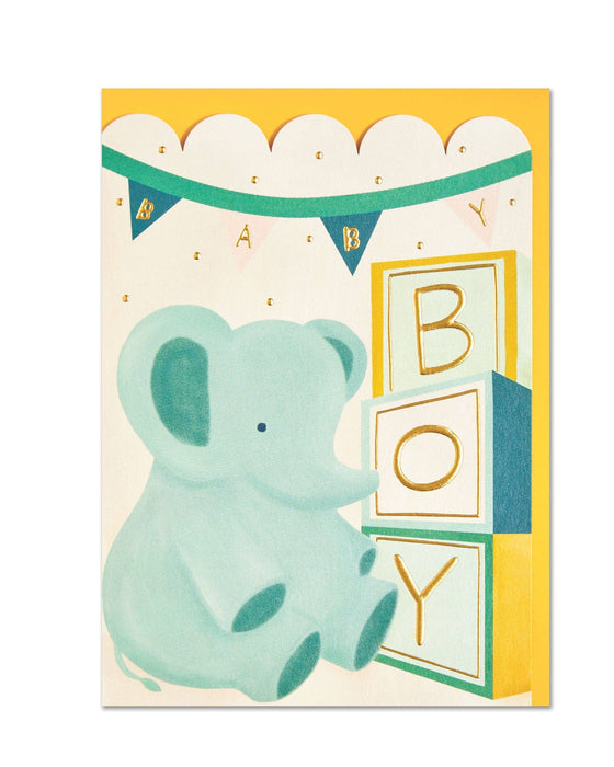 Baby shower card with a green elephant and 'BOY' blocks on a yellow background