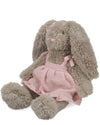 Plush toy elephant in a pink dress on a white background