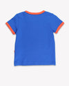 Blue t-shirt with red trim on a white background