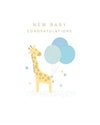 Greeting card with a giraffe holding blue balloons and 'New Baby Congratulations' text on a white background.