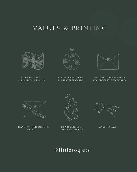 Illustrations and text about product values and printing on a dark green background