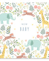 Baby shower card with jungle animals and 'New Baby' text