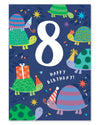 Birthday card with turtles and the number 8 on a blue background