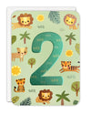 Card with number 2 and jungle animals on a light green background