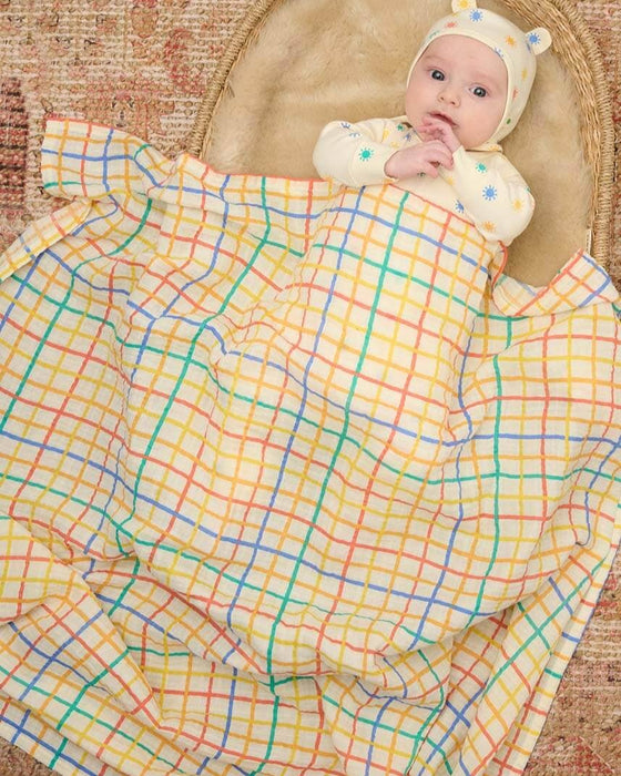 Rainbow Check Large Muslin Swaddle Blanket - Organic Cotton - The Bonnie Mob