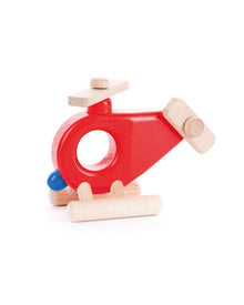  Wooden toy helicopter with red body, beige rotor blades, and blue propeller on a white background