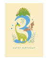 Birthday card with number 3 and dinosaur illustrations on a beige background