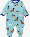 Baby onesie with dog pattern on a blue background