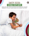 Child sleeping with a toy, surrounded by safety testing and material information text.