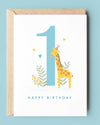 Birthday card with a giraffe and number one design on a light blue background