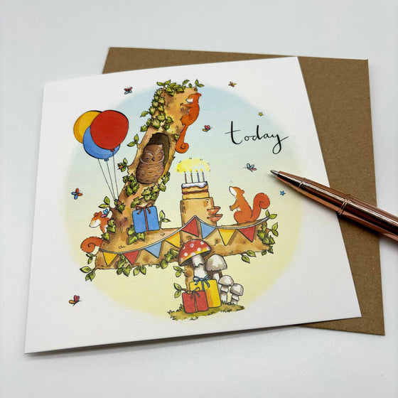 4th Birthday Card - Woodland Squirrel - Ink Snail Limited