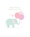 Card with an elephant holding balloons and 'New Baby Congratulations' text on a white background