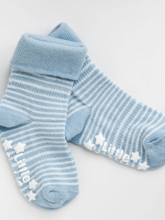 Organic Non-Slip Stay On Baby and Toddler Socks - Sky Blue Stripe - The Little Sock Company