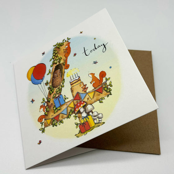 4th Birthday Card - Woodland Squirrel - Ink Snail Limited