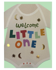 Baby onesie with 'Welcome Little One' text on a light green background