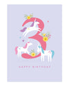 Card with number 3 and unicorns on a light purple background