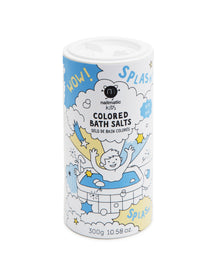  Canister of colored bath salts for kids with cartoon design on a white background