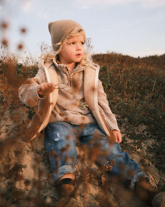 Woollen Bodywarmer - Ovi Beige - Kids Zip Gilet with Ears - 100% Sheep’s Wool – We Are Wovens