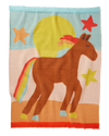 Children's blanket with a horse design featuring stars and a sun.