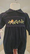 Enchanted Robin Smocked Baby Boy Romper - Navy Corduroy - The Blue Zebra