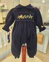 Navy blue outfit with floral embroidery on a mannequin in a store setting.