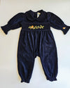 Enchanted Robin Smocked Baby Boy Romper - Navy Corduroy - The Blue Zebra
