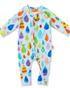 Colorful baby onesie with raindrop pattern on a white background