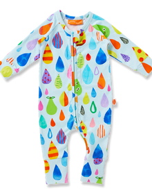  Colorful baby onesie with raindrop pattern on a white background