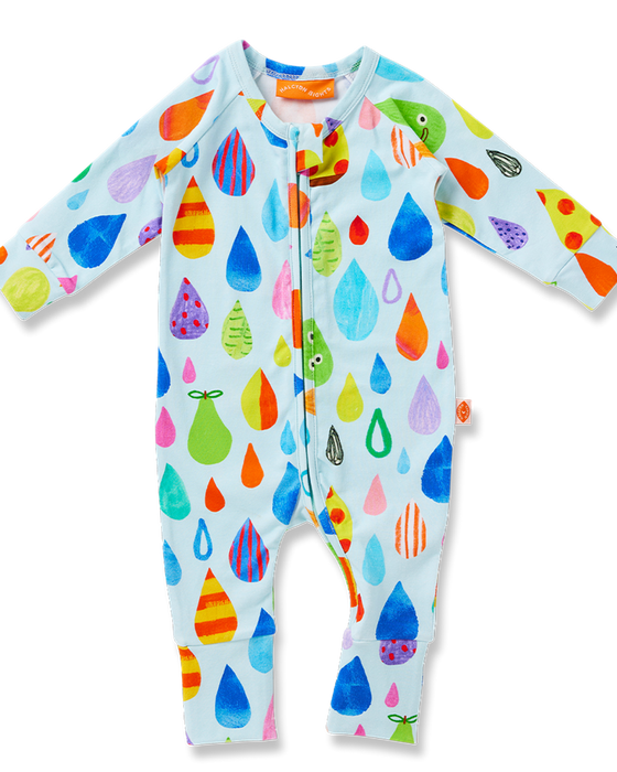 Colorful baby onesie with raindrop pattern on a white background