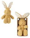 Plush rabbit toy next to a cardboard tube packaging on a white background