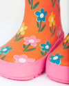 Pair of colorful children's rain boots with floral design on a white background