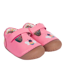  Pink baby shoes with bee design on a white background