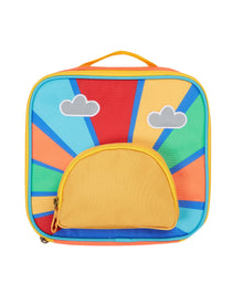  Colorful backpack with a sun design and cloud patterns on a white background
