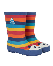  Colorful striped rain boots with panda design on a white background