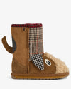 Brown children's boot with plaid pattern and animal face design on a white background