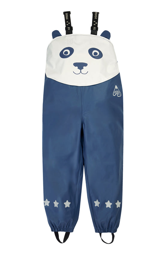 Children's panda-themed raincoat with navy blue body and white face on a white background