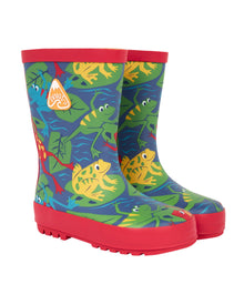 Colorful children's rain boots with frog pattern on a white background