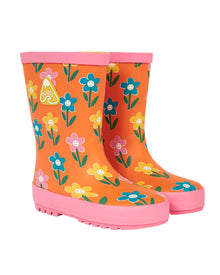  Orange children's wellies with floral pattern and pink trim on a white background